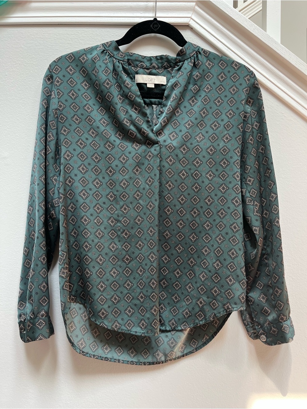 LOFT Teal Geometric-Print Long Sleeve Blouse